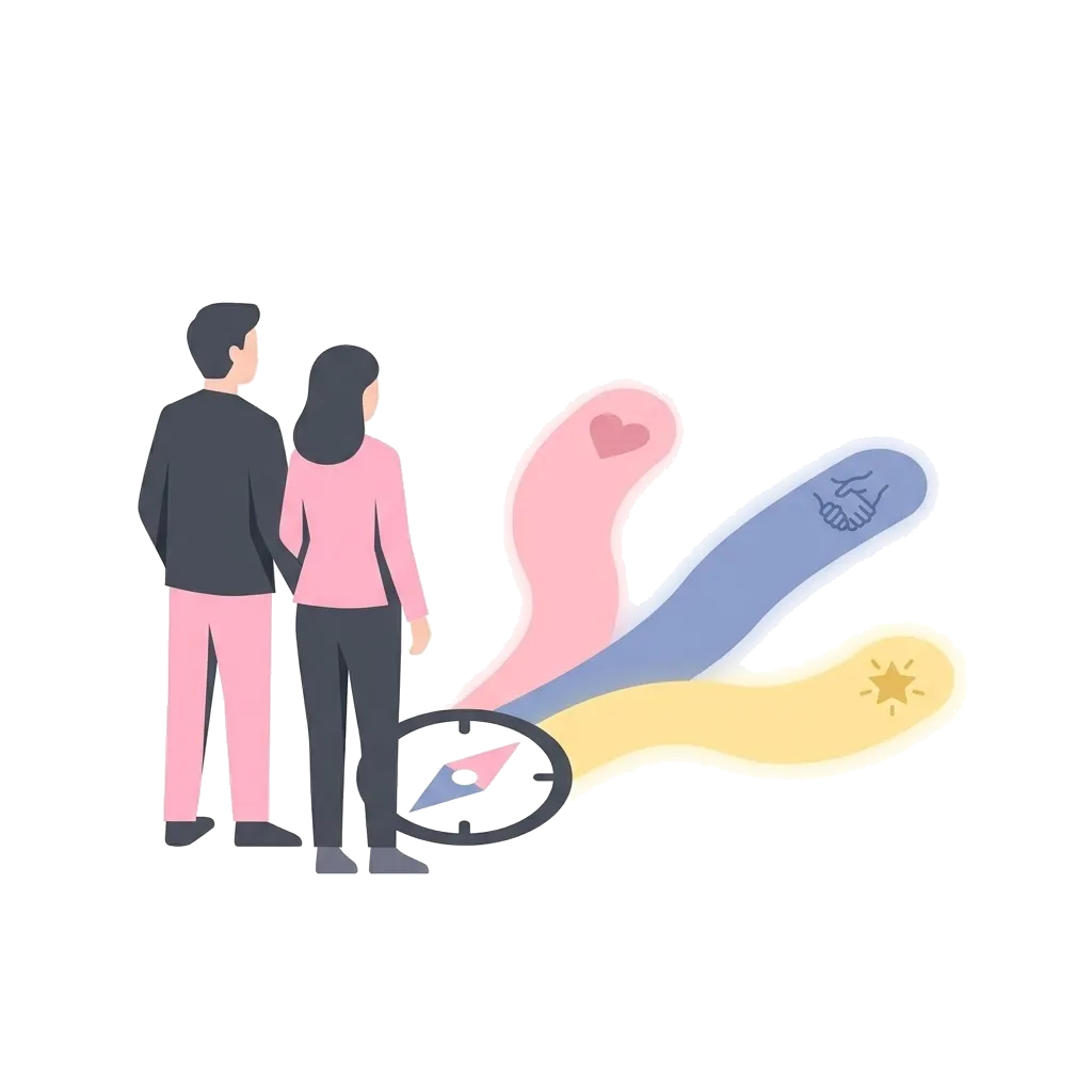 Couple standing beside a compass with three paths, illustrating how to choose the best sex position for your goal