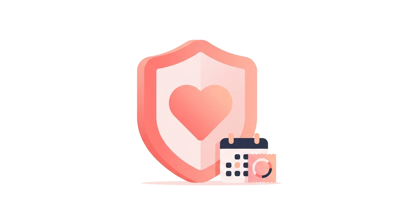 A shield with a heart inside beside a calendar, illustrating barrier protection and checking expiry dates