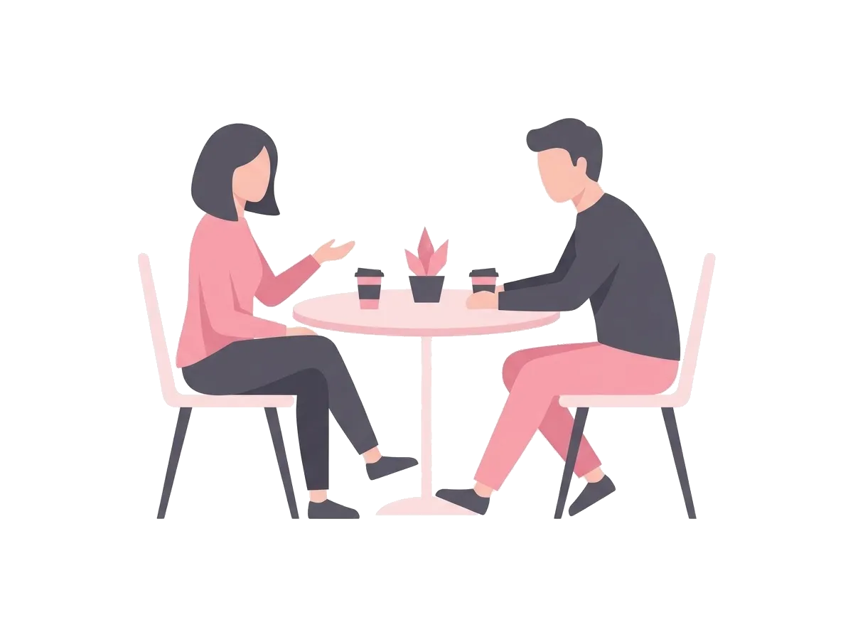 Two partners talking across a cafe table, illustrating a consent conversation held outside the bedroom