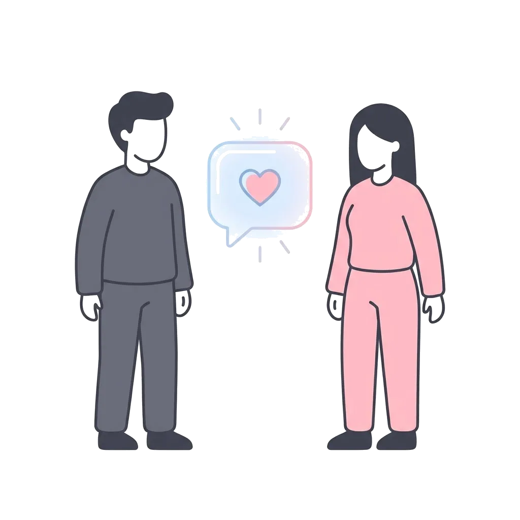 Two people standing apart with a speech bubble between them, illustrating consent, boundaries and personal safety