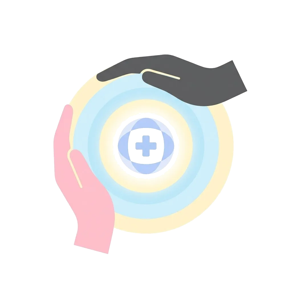 Two hands cupping a glowing medical symbol, illustrating contraception as a shared responsibility