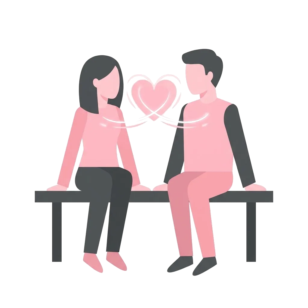 Couple sitting on a bench facing each other with a heart between them, illustrating emotional intimacy outside the bedroom