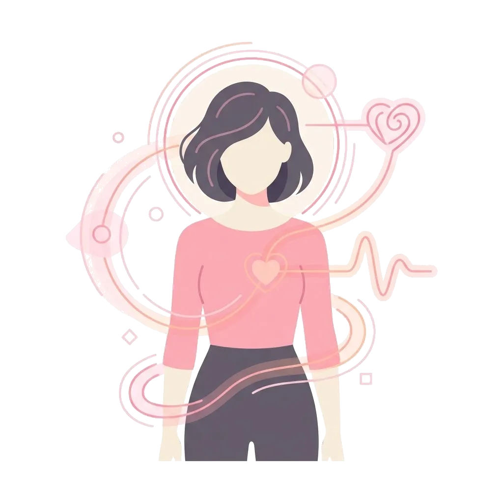Woman surrounded by soft flowing lines and heart symbols, illustrating how female arousal builds gradually