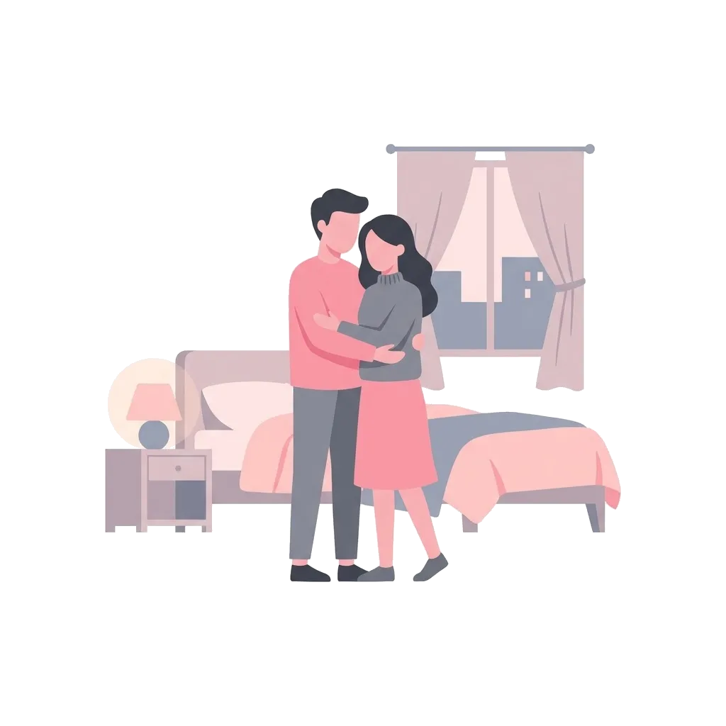 Couple holding each other in a bedroom, illustrating what to expect the first time