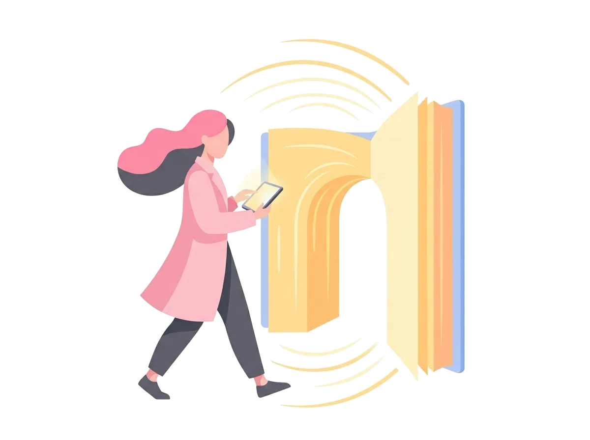 Woman with a tablet stepping through a doorway made of an open book, illustrating further reading on sexual health