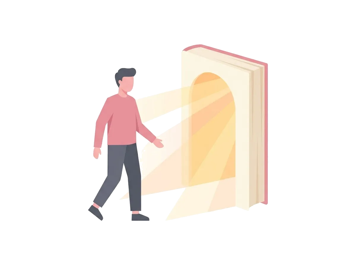Man stepping through a doorway made of an open book, illustrating further reading on men's sexual health