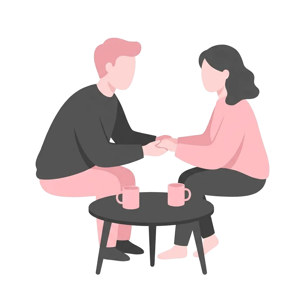 Couple sitting close and holding hands over a low table, illustrating unhurried attention and foreplay