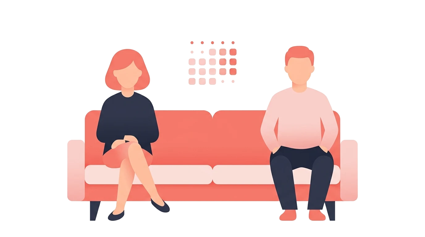 A couple sitting at opposite ends of a sofa beneath a calendar, illustrating differing expectations about frequency