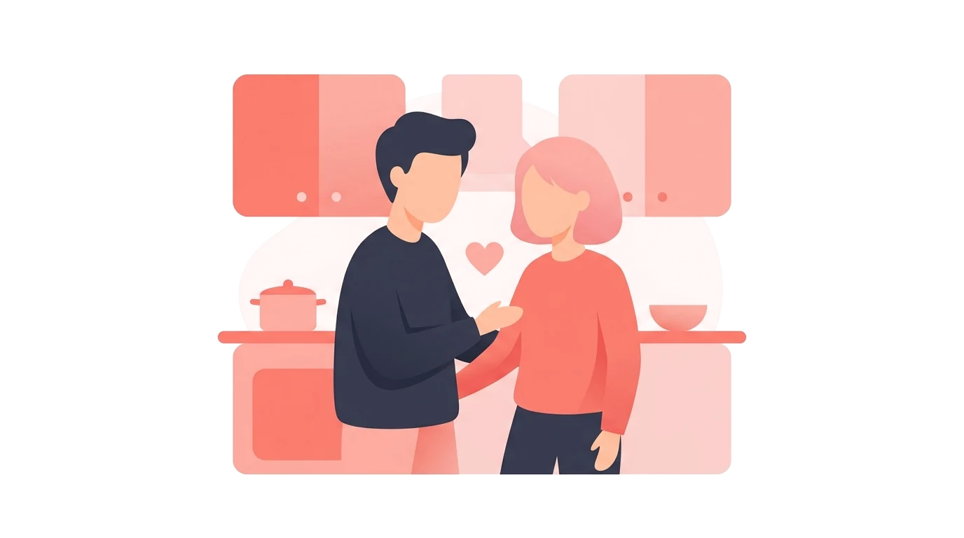 A couple standing close in a kitchen with a heart between them, illustrating an everyday moment of initiating intimacy