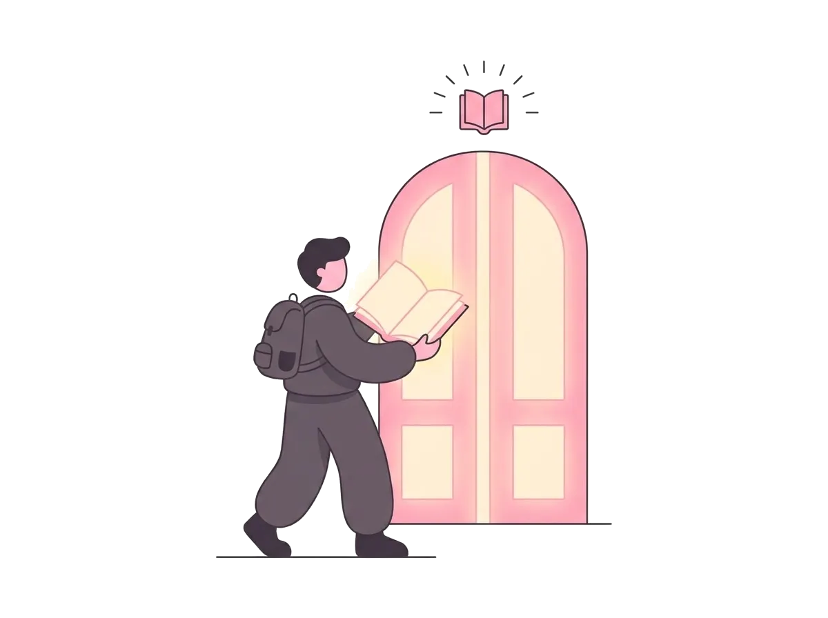 Person carrying an open book towards a glowing doorway, illustrating further reading on relationships and intimacy