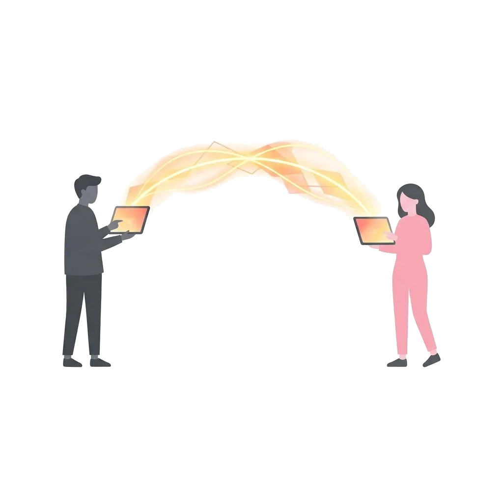 Two people on tablets with a glowing arc connecting them, illustrating staying close in a long-distance relationship