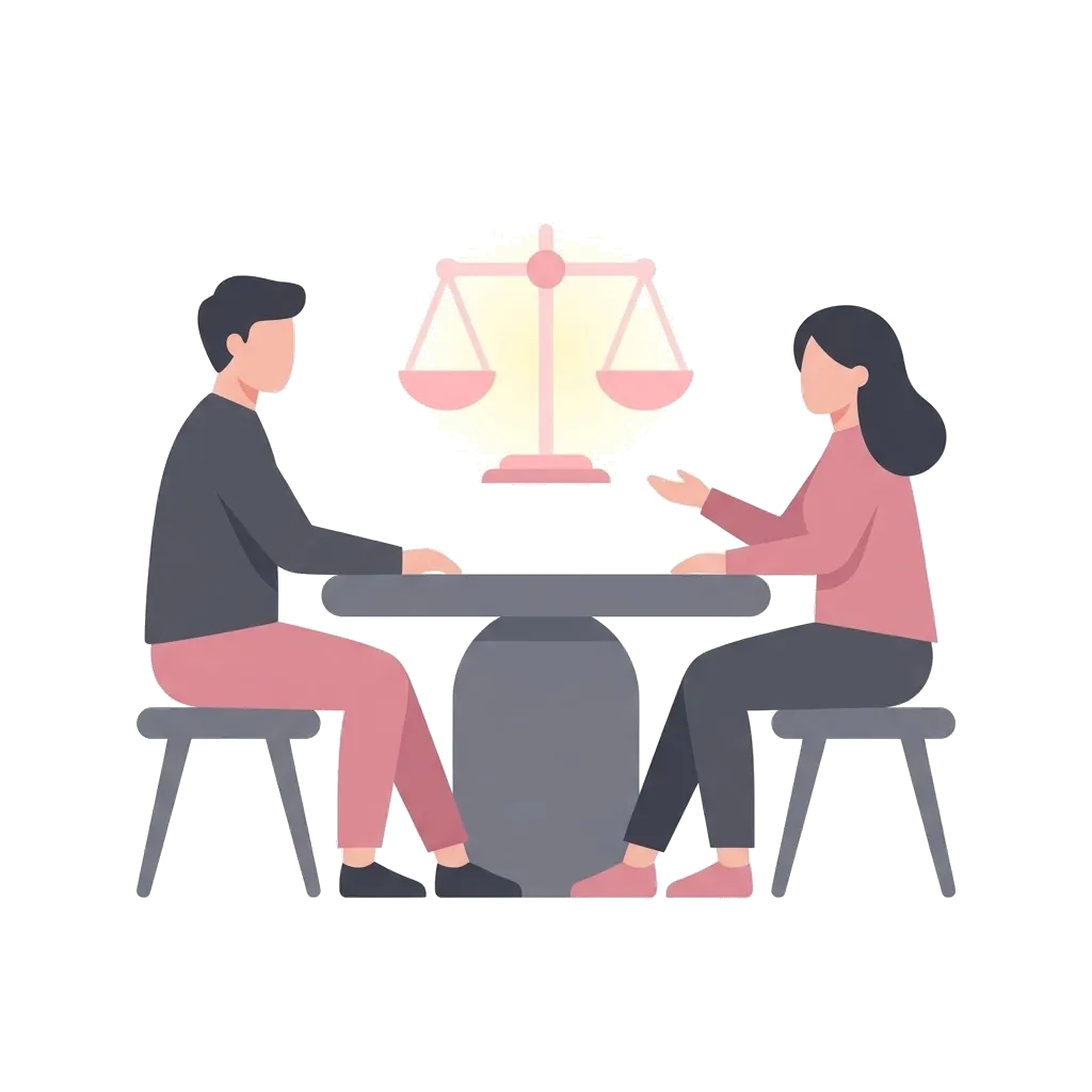 Couple talking across a table beneath a balanced scale, illustrating how to handle mismatched desire fairly