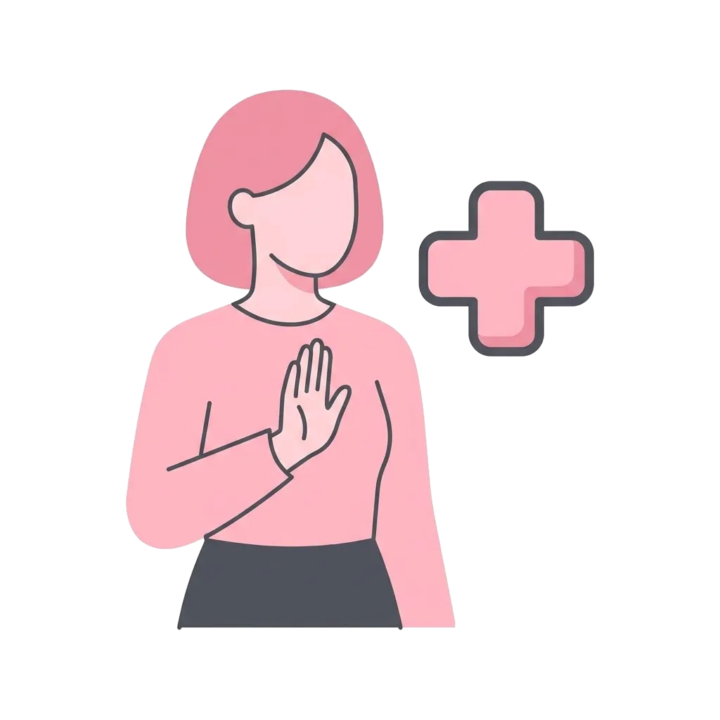 Woman raising a hand beside a medical cross, illustrating that painful sex and dryness deserve medical attention
