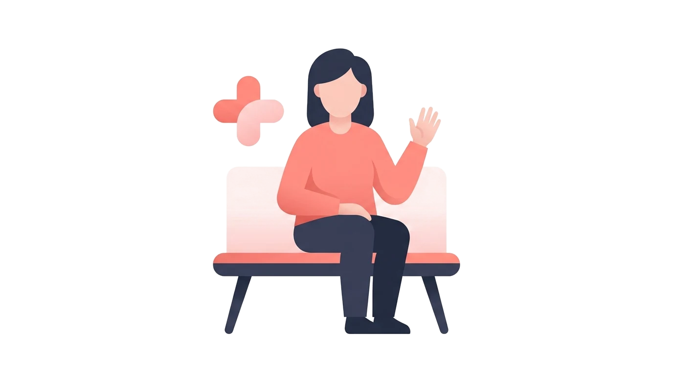 A woman seated with one hand raised in a pause gesture beside a medical cross, illustrating pain during sex