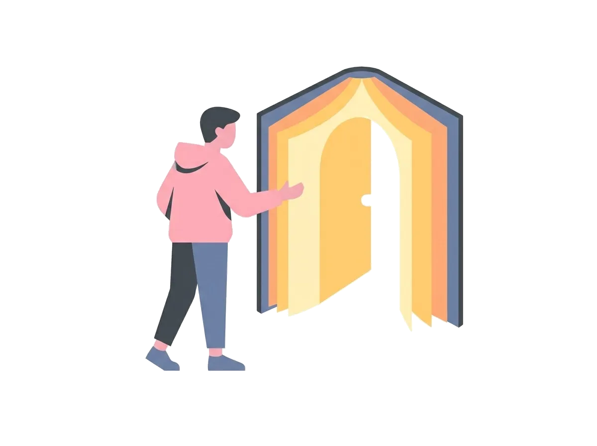 Person stepping through a doorway made of an open book, illustrating further reading on sexual health