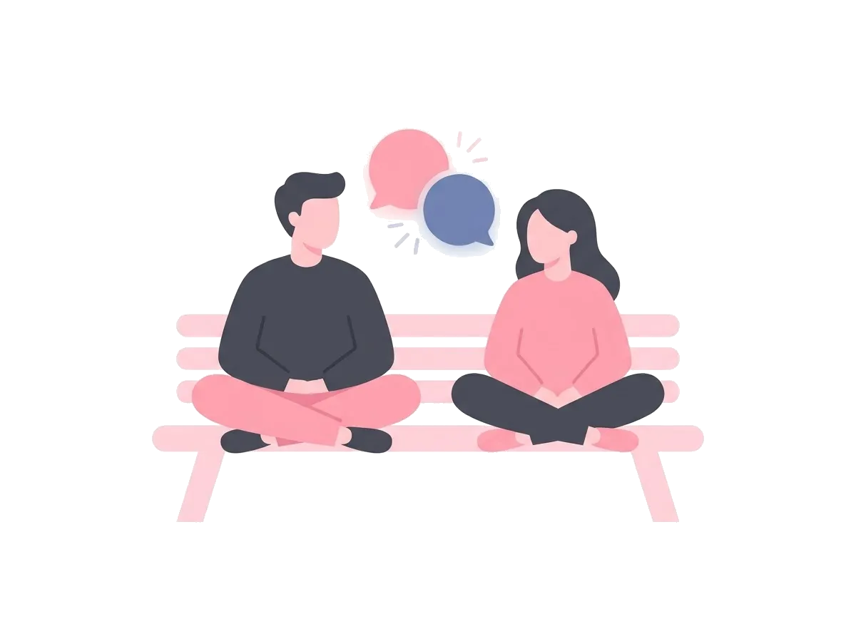 Couple sitting on a park bench with speech bubbles, illustrating talking about sex outside the bedroom